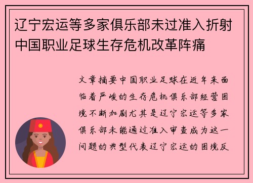 辽宁宏运等多家俱乐部未过准入折射中国职业足球生存危机改革阵痛